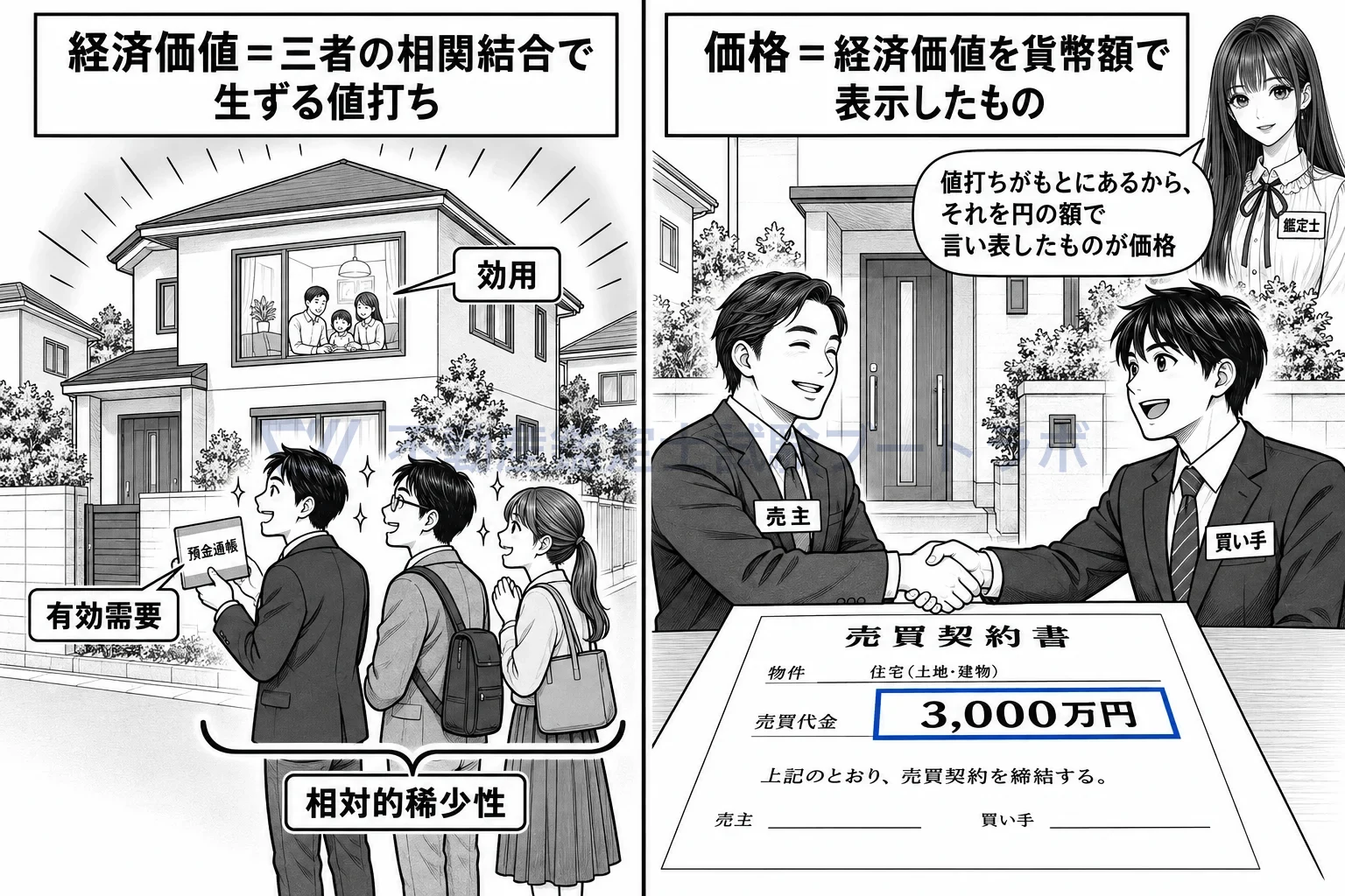 経済価値の図解：値打ちがもとにあり、それを円の額で言い表したものが価格。