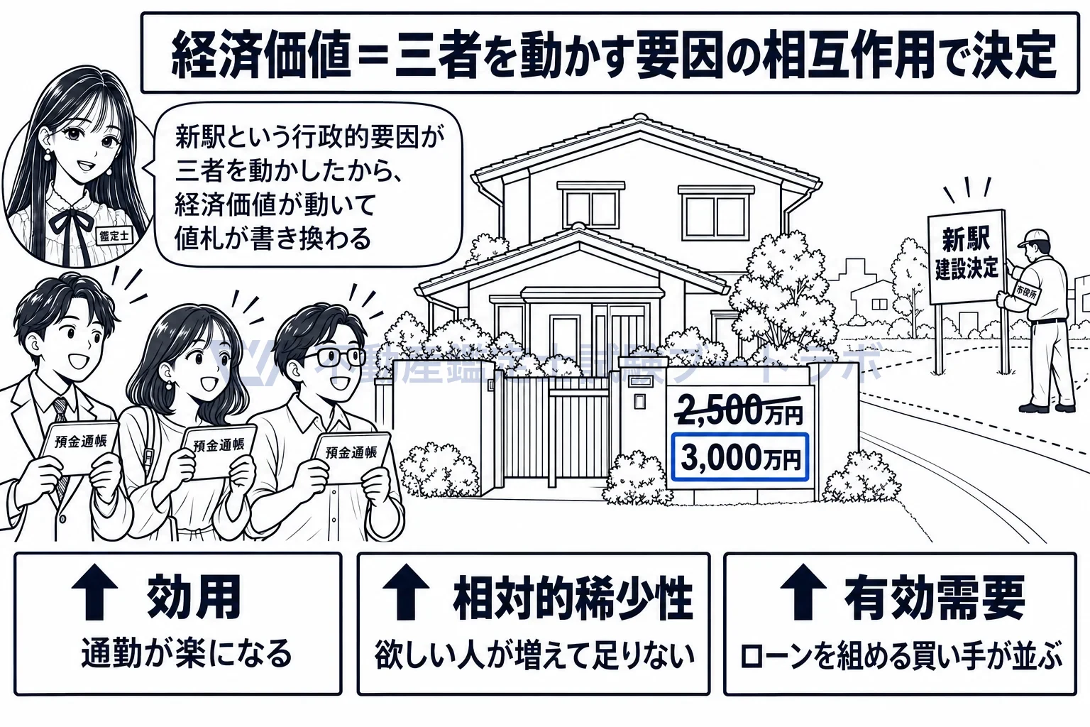 経済価値の図解：新駅の決定という一つの要因が三者を動かし、経済価値が動いて値札が書き換わる。