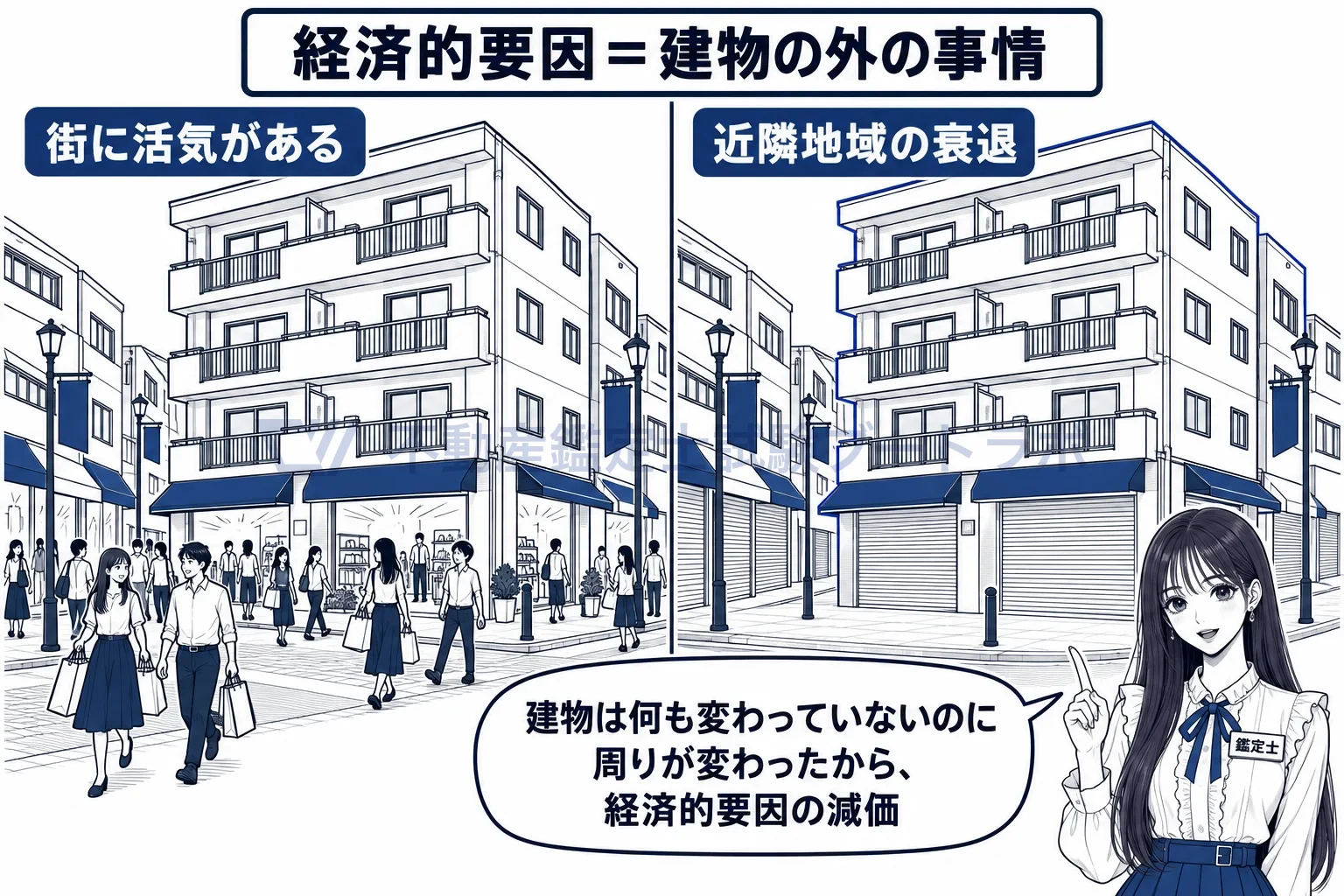 減価の経済的要因の図解：建物は同じでも、周りの街が変われば値段は下がる。