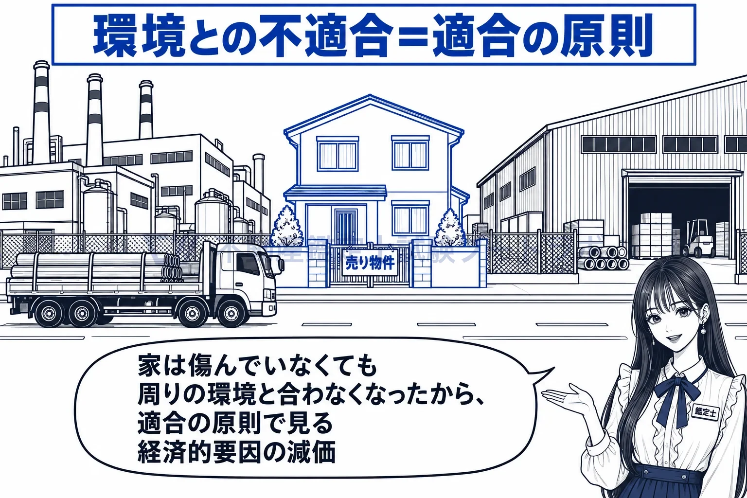 減価の経済的要因の図解：工場に囲まれて残った一軒の住宅。建物は無事でも、環境と合わなくなった分は減価。