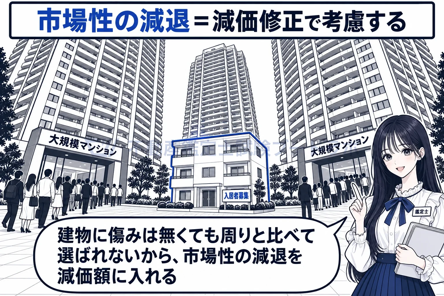 減価の経済的要因の図解：タワーに囲まれた小さな低層マンション。市場性の減退も減価に入れる。