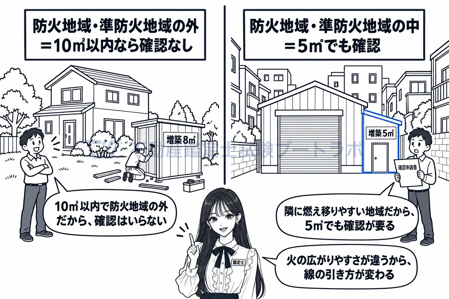 建築確認の図解:防火地域の外なら小さな増築は確認なし、中なら5㎡でも確認。