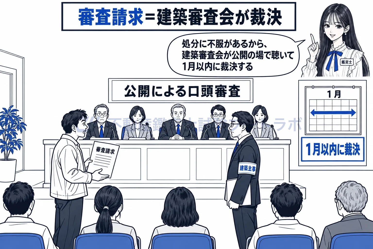 建築審査会の図解：確認の取消しを求める審査請求は、公開の口頭審査で1月以内に裁決。