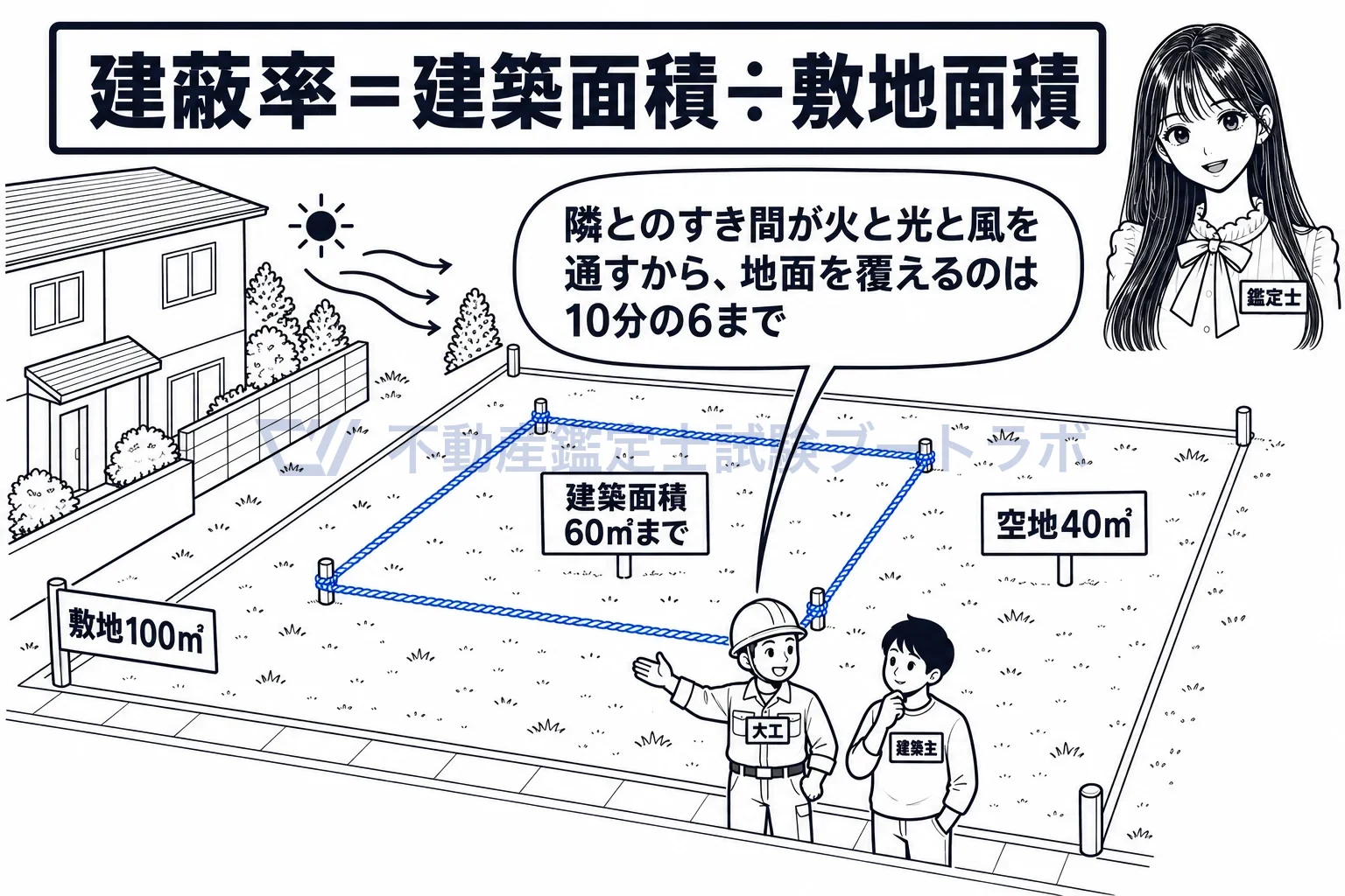 建蔽率の図解：敷地100㎡に建蔽率10分の6なら、地面を覆えるのは60㎡まで。