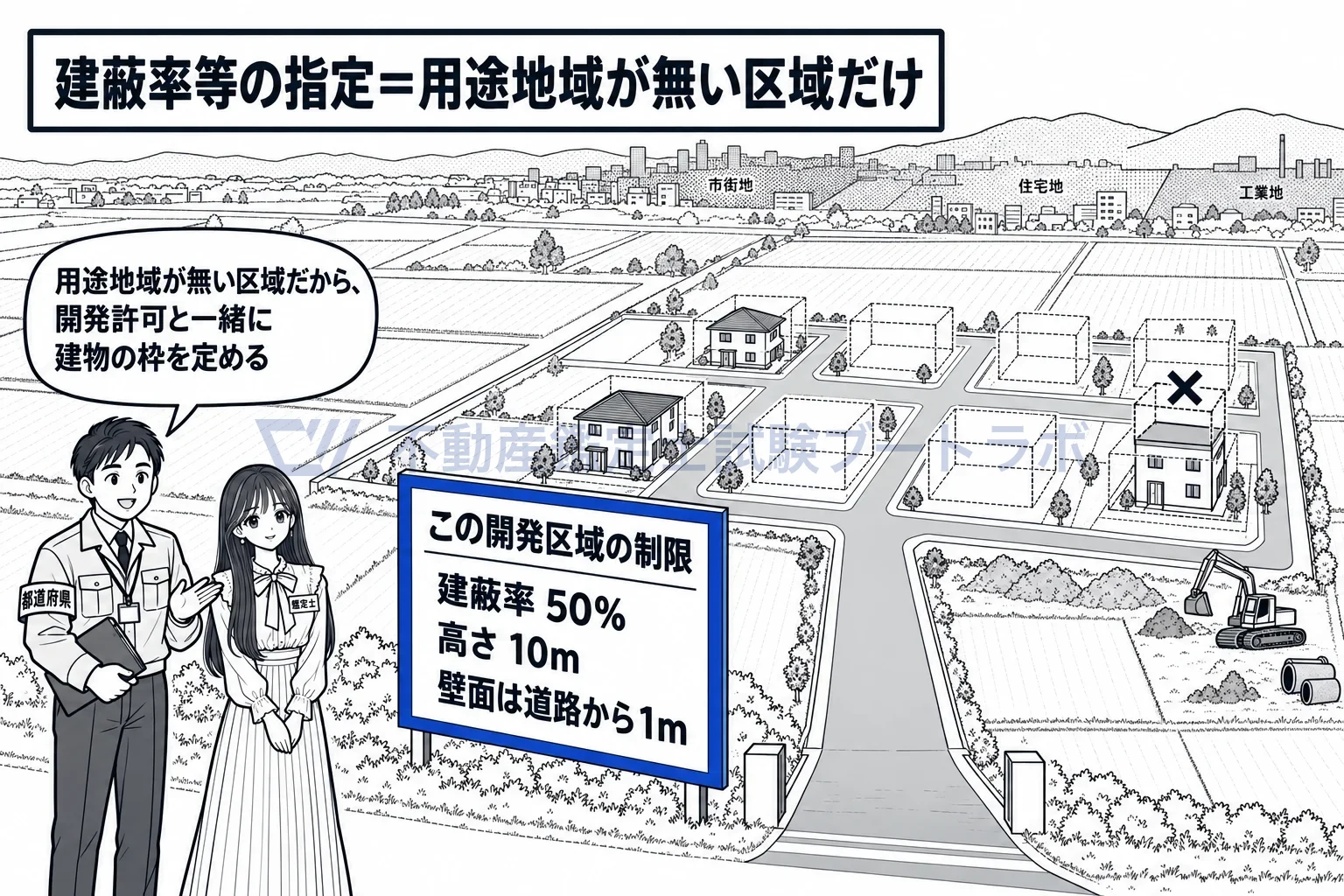 建築物の建蔽率等の指定の図解：用途地域が無い区域の造成地に、知事が開発許可と一緒に建物の枠を定める。