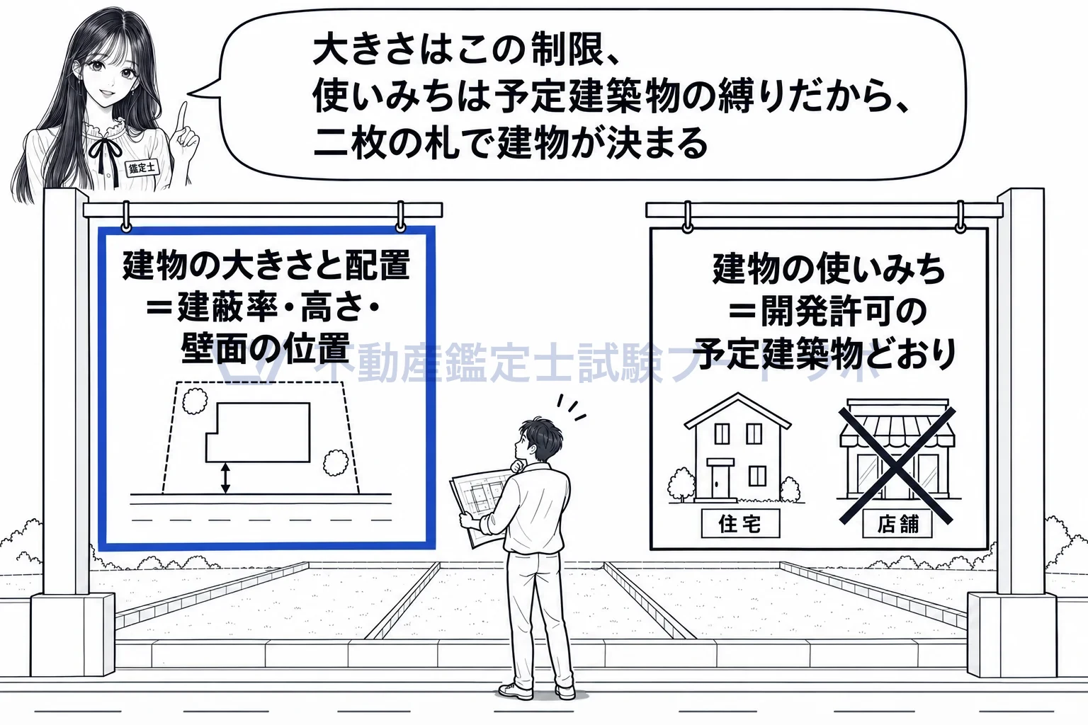 建築物の建蔽率等の指定の図解：建物の大きさと配置はこの制限、使いみちは予定建築物の縛りで決まる。