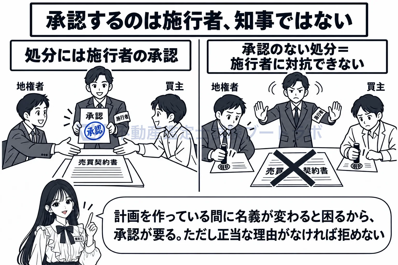 権利変換手続開始の登記の図解:登記の後は、処分に施行者の承認が要る。承認なしでは施行者に対抗できない。