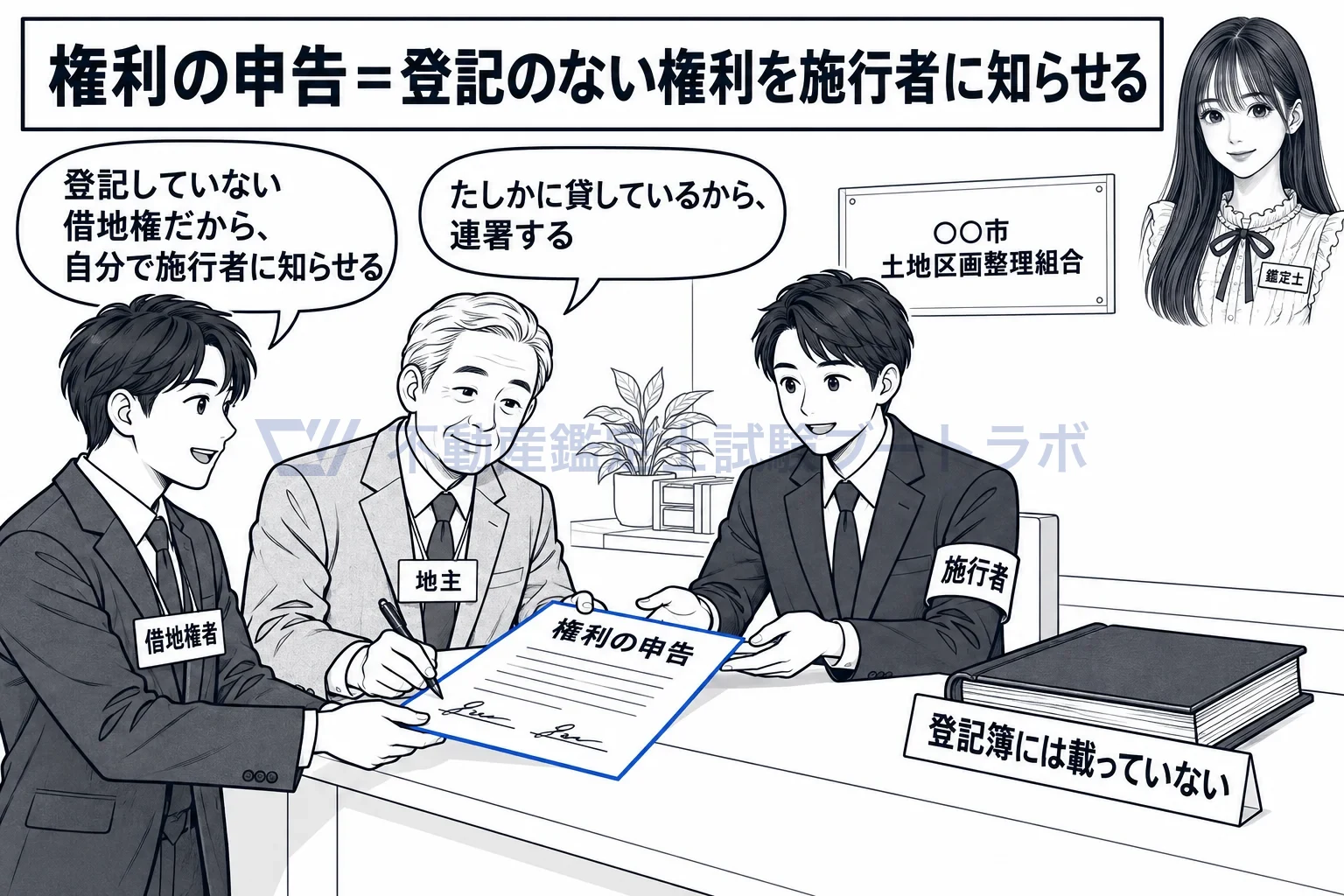 権利の申告の図解：登記簿に載らない借地権は、自分から施行者に申告する。