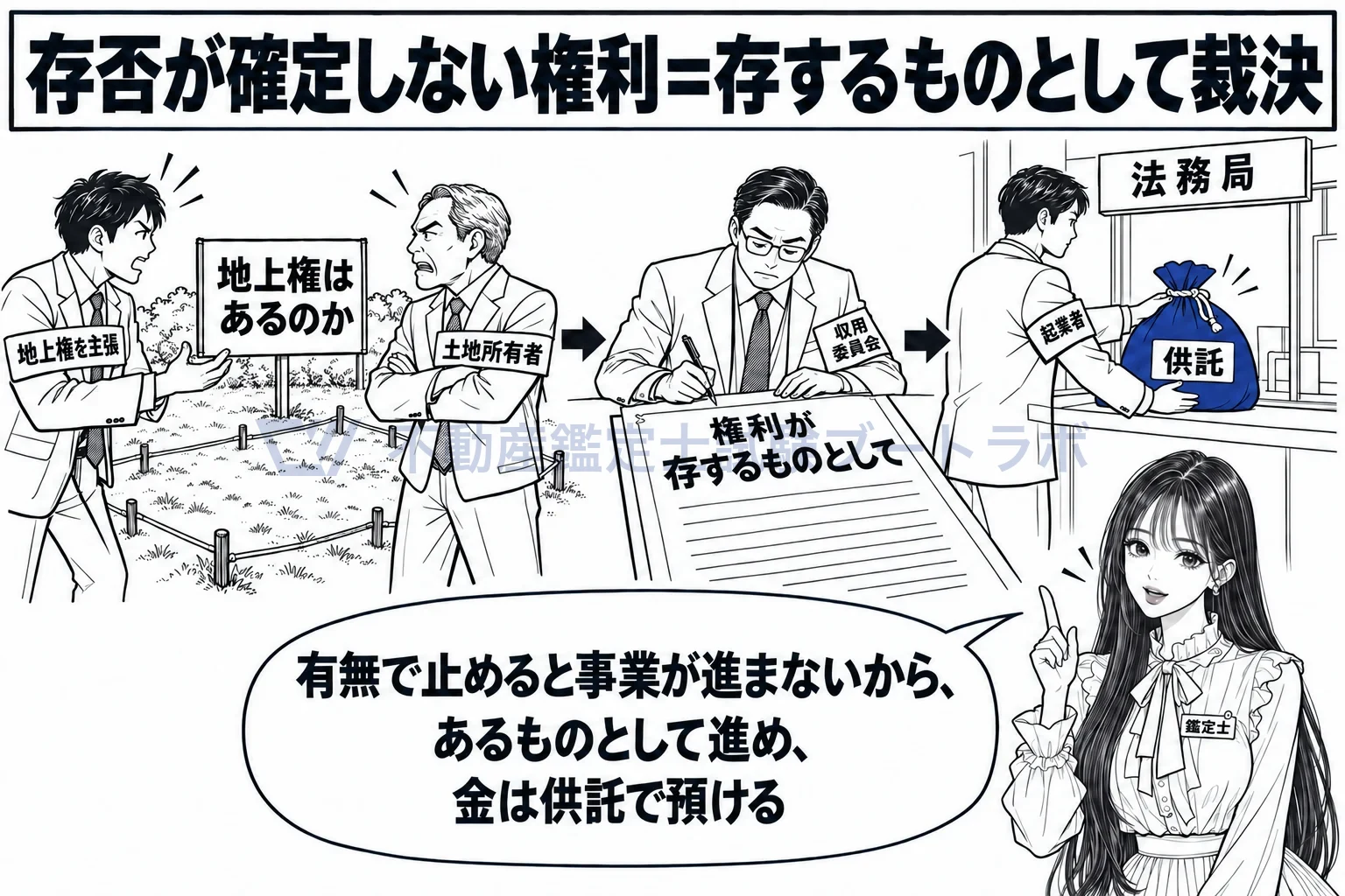 権利取得裁決の図解：有無で止めると進まないから、あるものとして裁決し、金は供託で預ける。