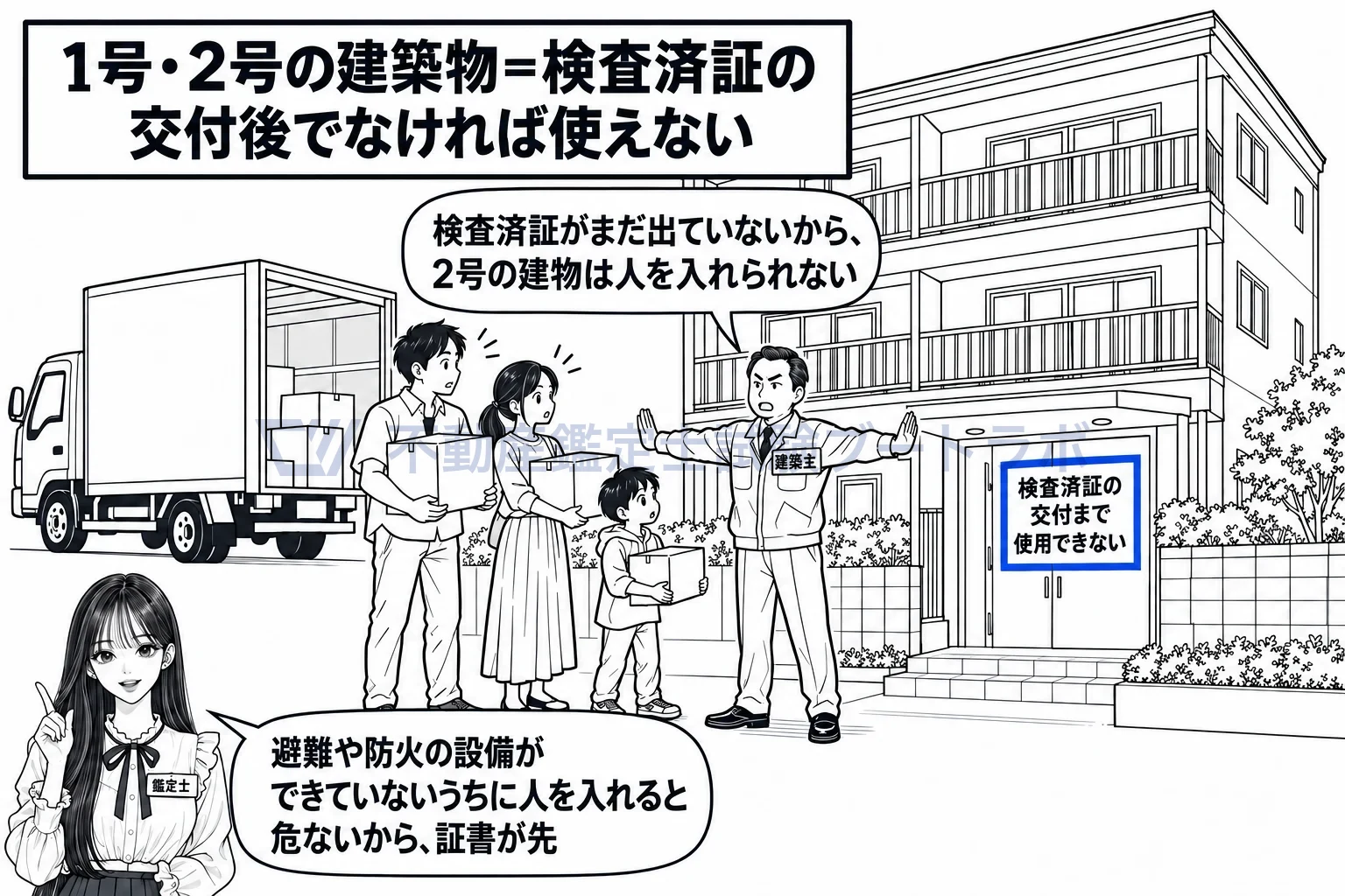検査済証の図解：検査済証がまだ無い共同住宅には、入居できない。