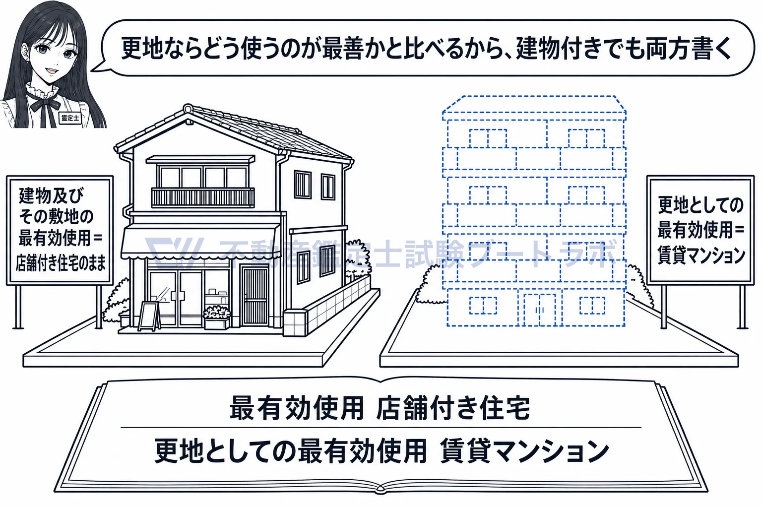 鑑定評価額の決定の理由の要旨の図解:今の建物のままの最有効使用と、更地としての最有効使用を並べて書く。