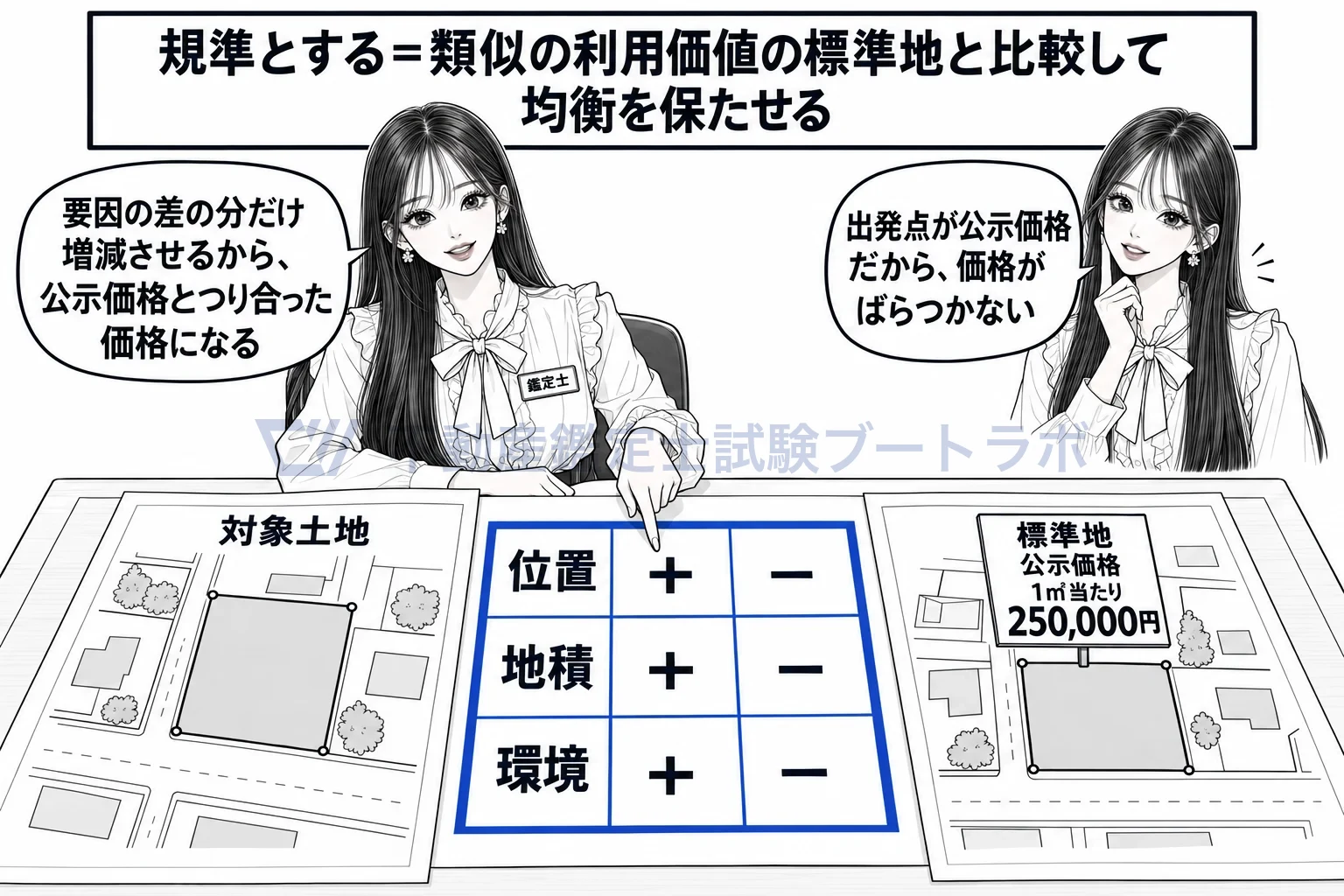 規準の図解：位置や地積、環境の要因を標準地と比べて、公示価格とつり合わせる。