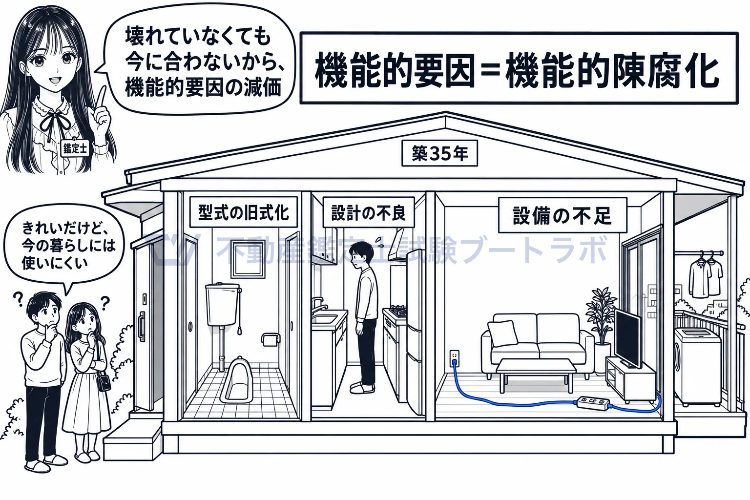 減価の機能的要因の図解：壊れてはいないのに、今の暮らしに合わない。それが機能的陳腐化。