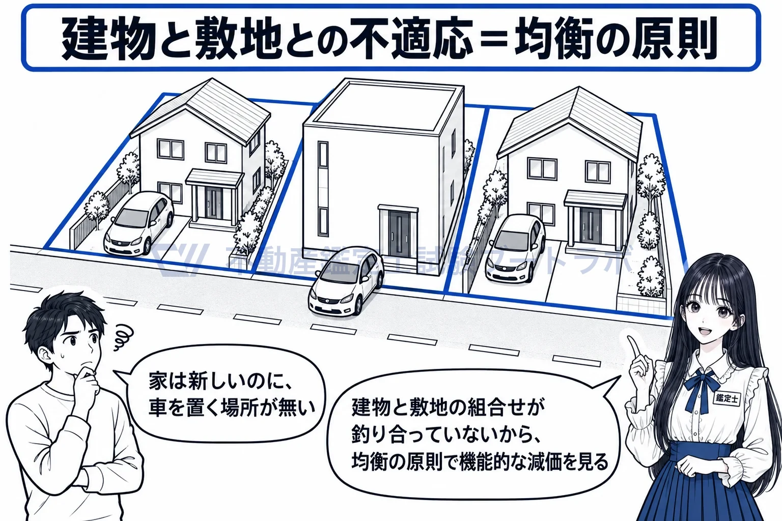 減価の機能的要因の図解：敷地いっぱいの建物で駐車場が取れない。敷地との釣り合いの崩れ。