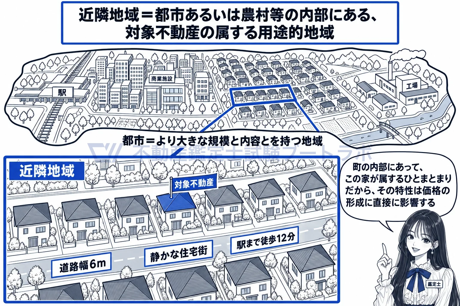 近隣地域の図解：町という大きな地域の内部にある、対象の家の属するひとまとまり。その特性が値段に直接効く。