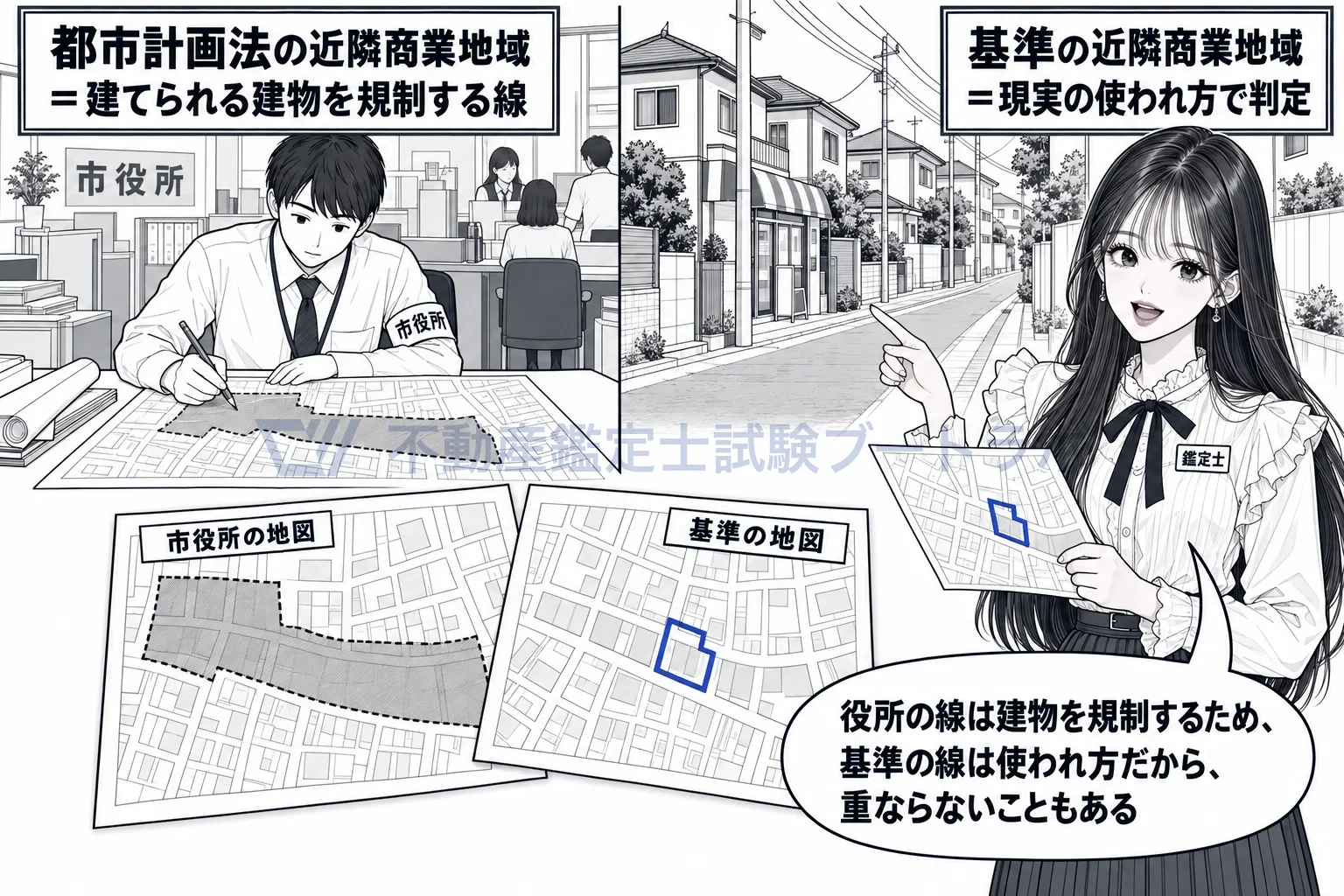 近隣商業地域の図解：役所の線は建物を規制するため、基準の線は使われ方から。重ならないこともある。