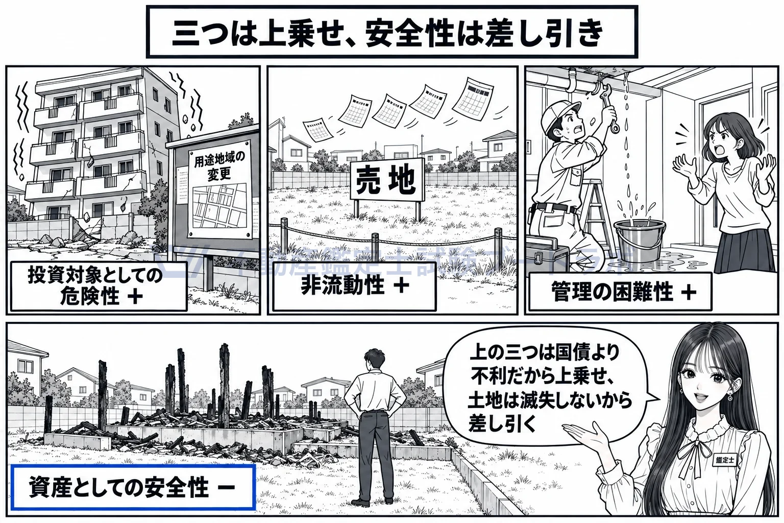金融資産の利回りに不動産の個別性を加味して求める方法の図解:地震・売れない・手間は上乗せ、火事でも残る土地は差し引き。