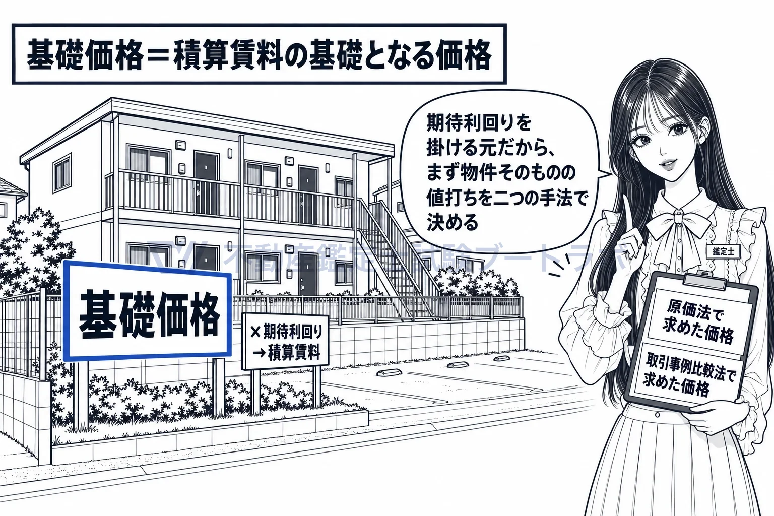 基礎価格の図解:積算法で期待利回りを掛ける元になる、物件そのものの値打ち。