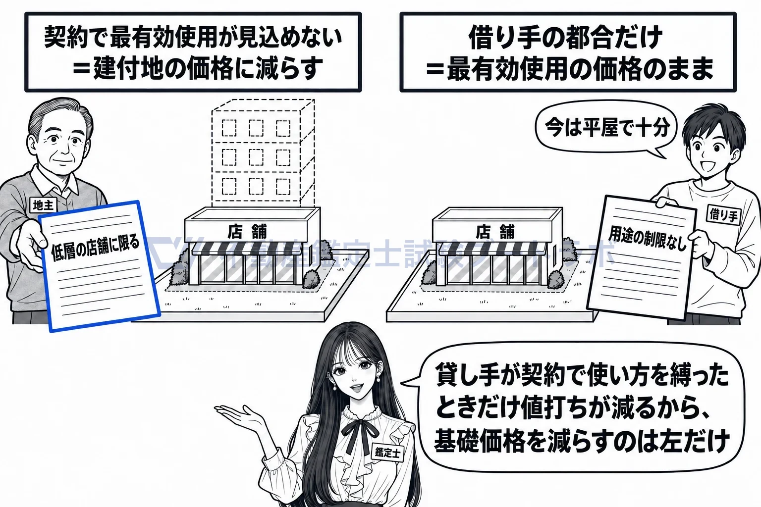 基礎価格の図解:貸し手の契約で使い方を縛れば減らし、借り手の都合だけなら減らさない。