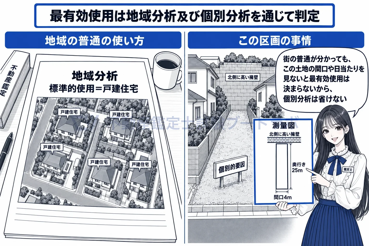 個別分析の図解:地域の普通の使い方が分かっても、この一区画の中身を見ないと最有効使用は決まらない。