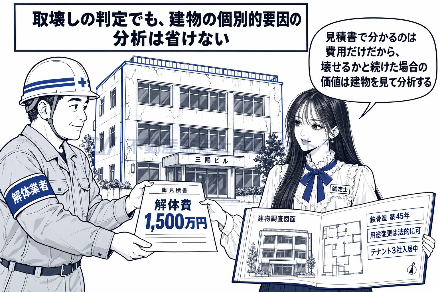 個別分析の図解:解体の見積書で分かるのは費用だけ。壊せるか、続けたらいくらかは建物を見て分析する。