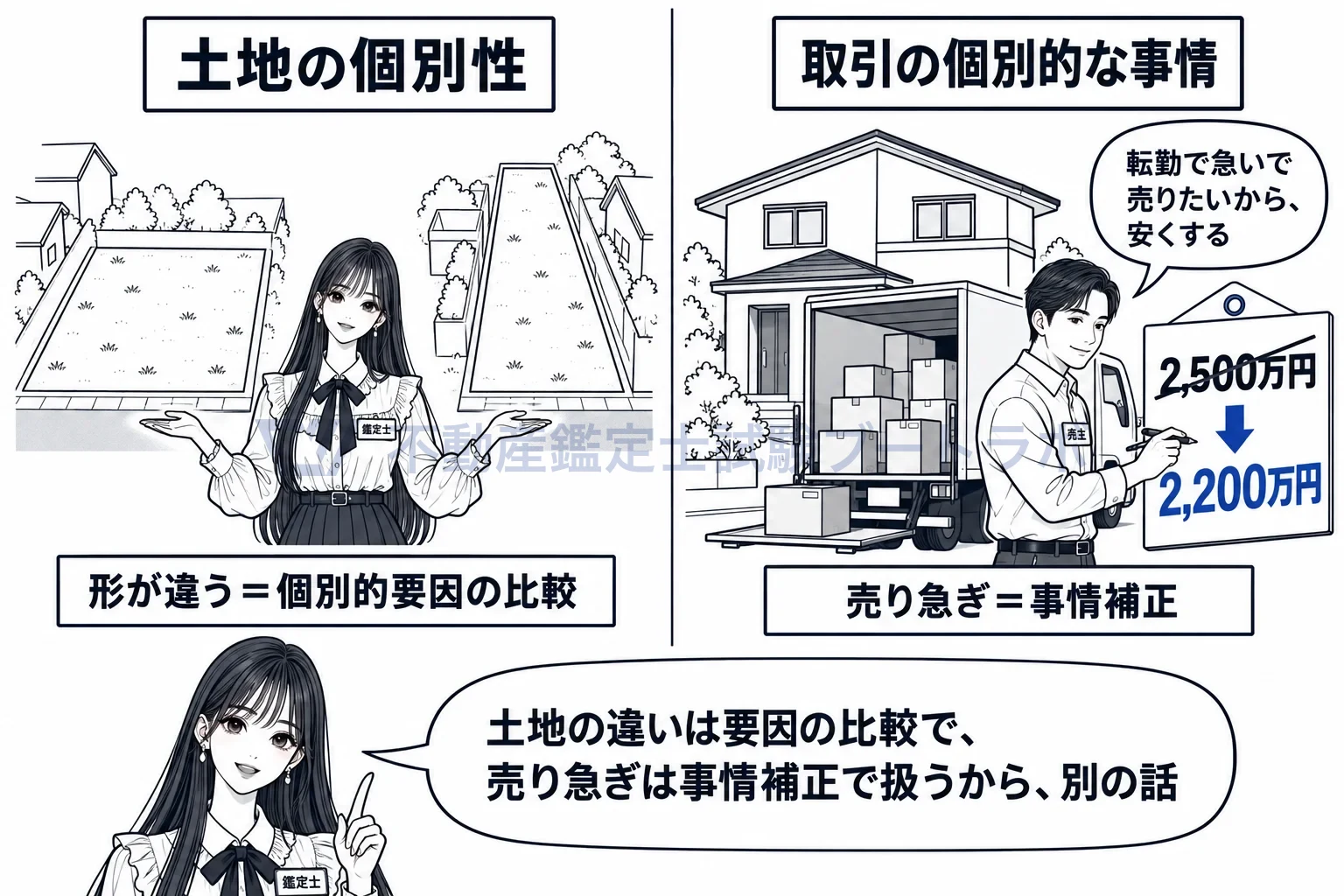 個別性の図解：土地の違いは個別的要因の比較で、売り急ぎの事情は事情補正で扱う。