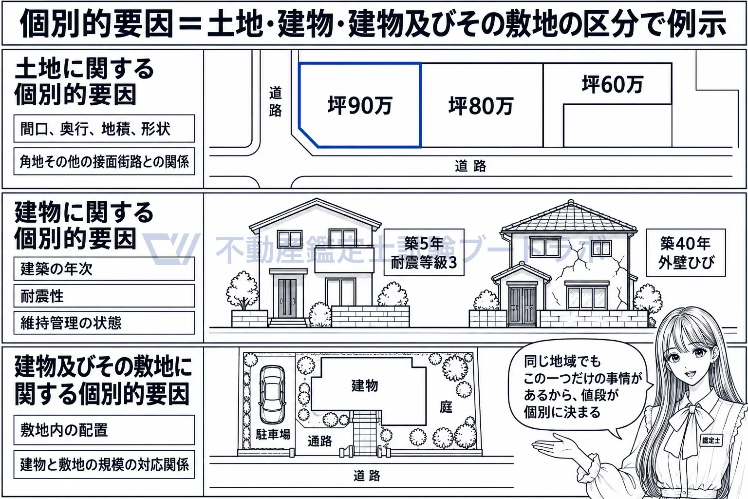 個別的要因の図解:土地は形と道路付け、建物は築年と耐震、敷地との組合せは配置。三つの区分の個別的要因。