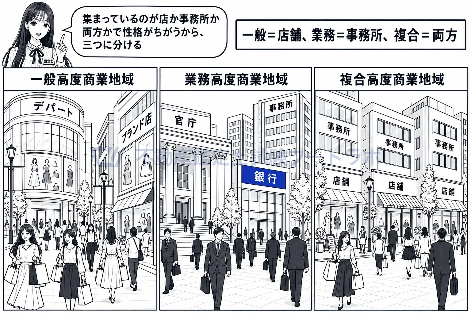 高度商業地域の図解：繁華街なら一般、官庁街やオフィス街なら業務、両方が混じれば複合。