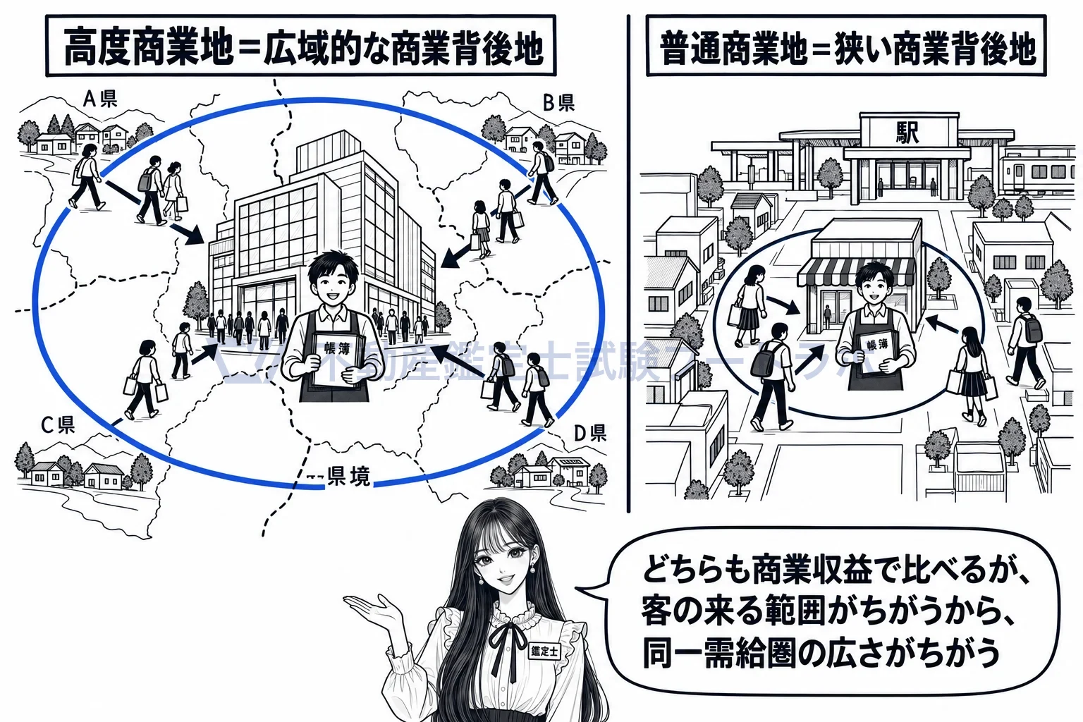 高度商業地の図解:客の来る範囲が広いか狭いかで、同一需給圏の広さが変わる。