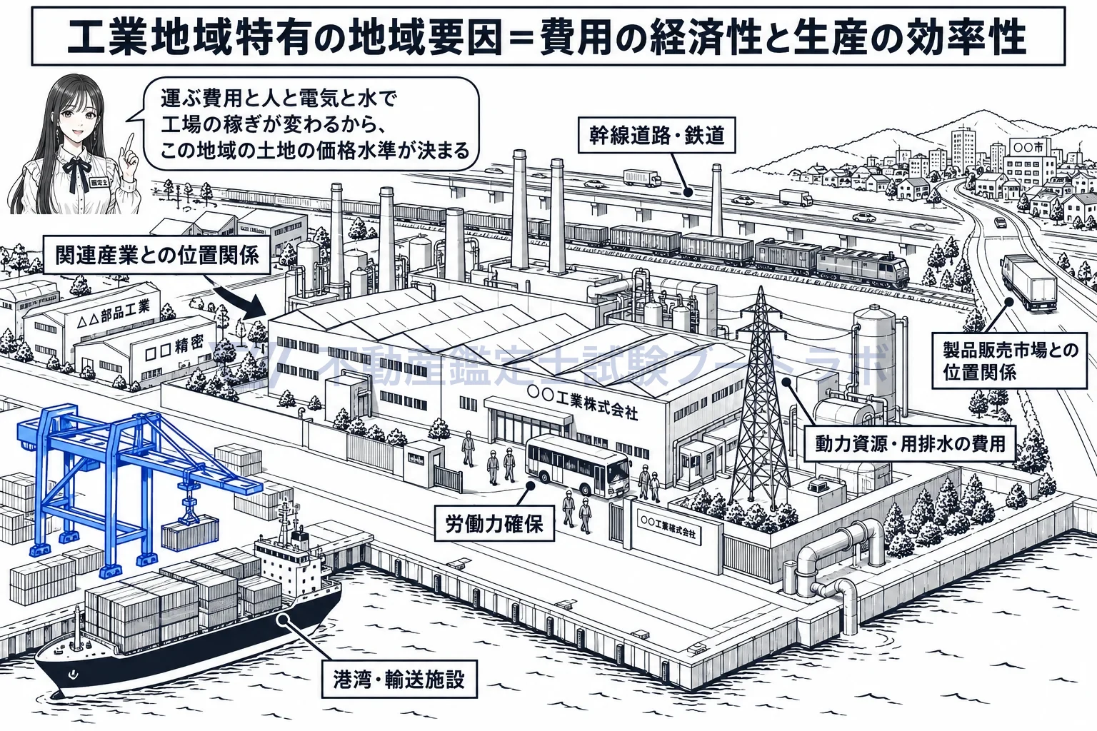 工業地域の地域要因の図解：港と高速道路、集まる働き手、電気と水、関連工場。運ぶ費用と作る効率が工業地の価格水準を決める。