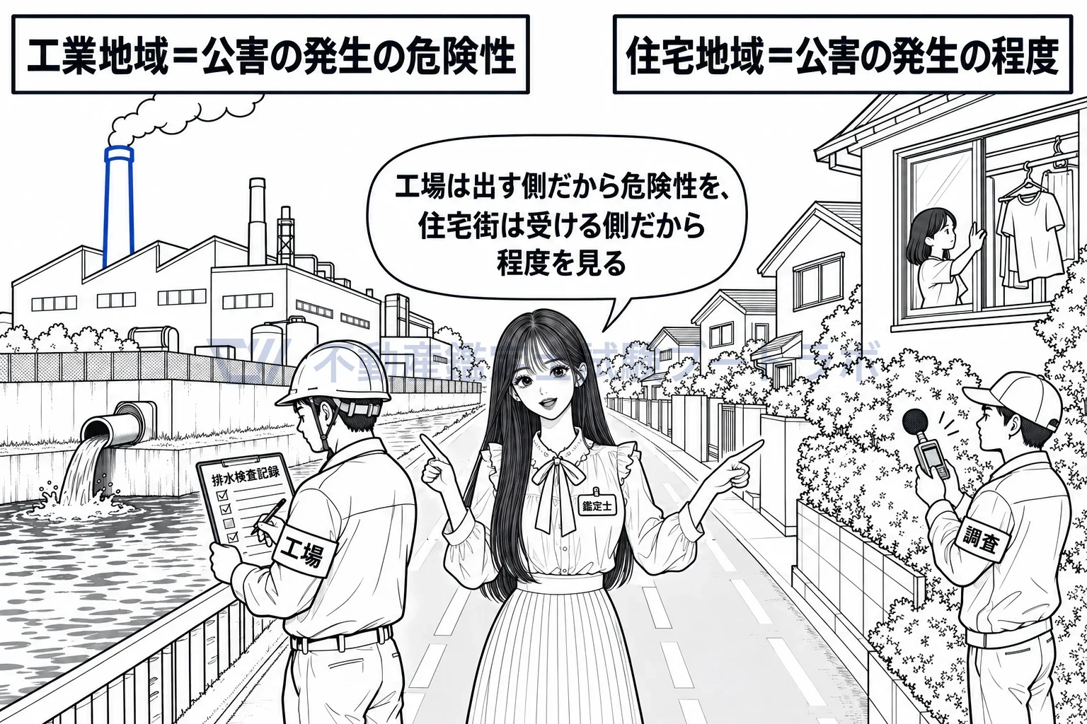 工業地域の地域要因の図解：工場は出す側だから「発生の危険性」、住宅街は受ける側だから「発生の程度」。