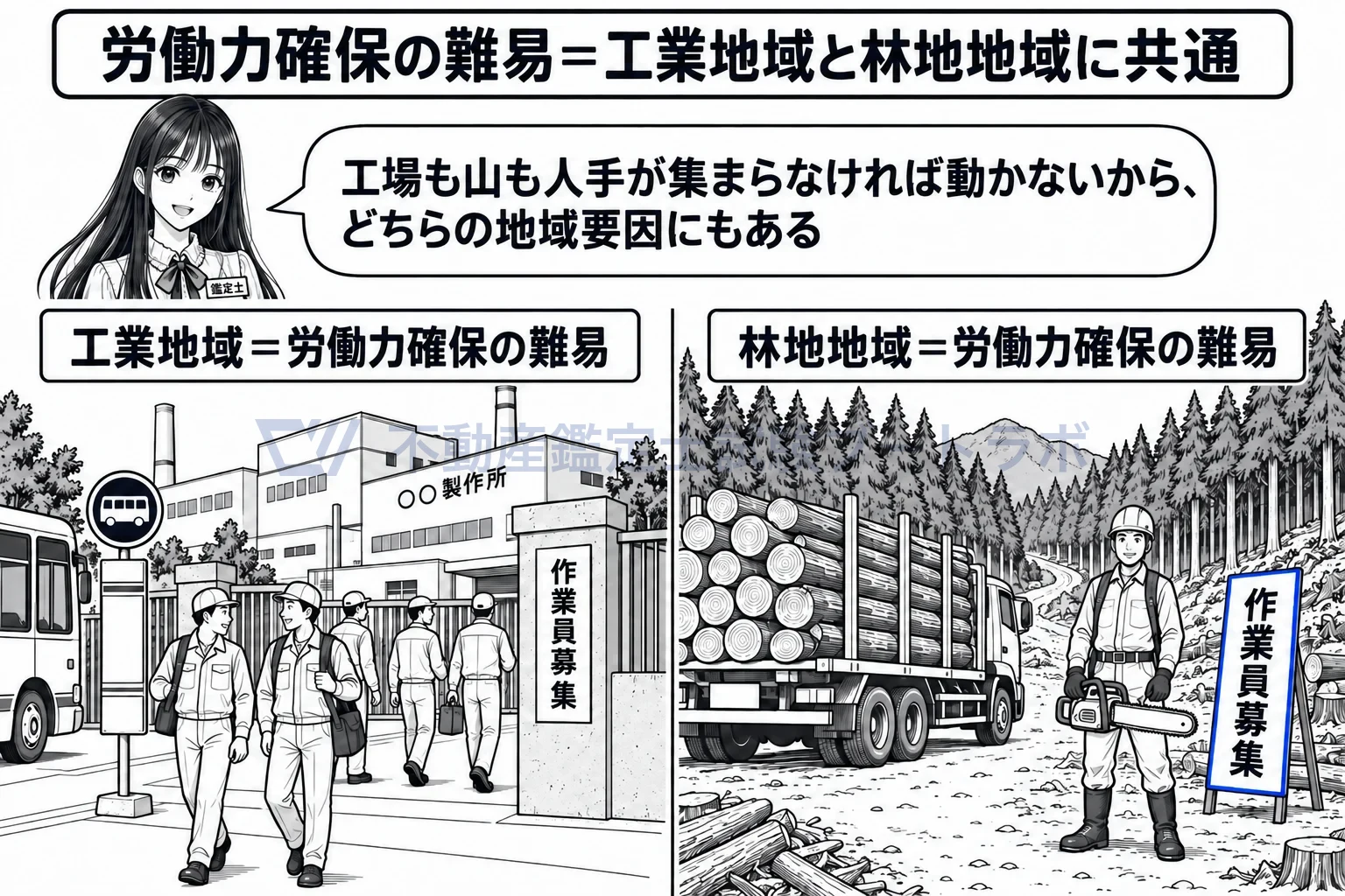 工業地域の地域要因の図解：工場の門にも林道の入口にも「作業員募集」。人手が集まるかは工業地域と林地地域に共通の条件。