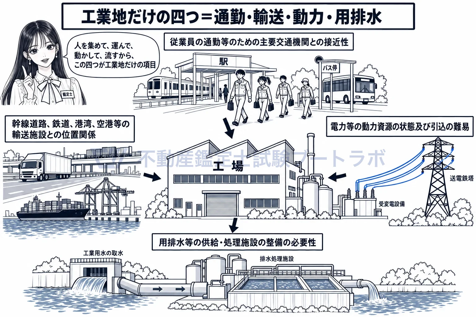 工業地の個別的要因の図解:人を集め、運び、動かし、流す。工場の一日がそのまま四つの項目になる。