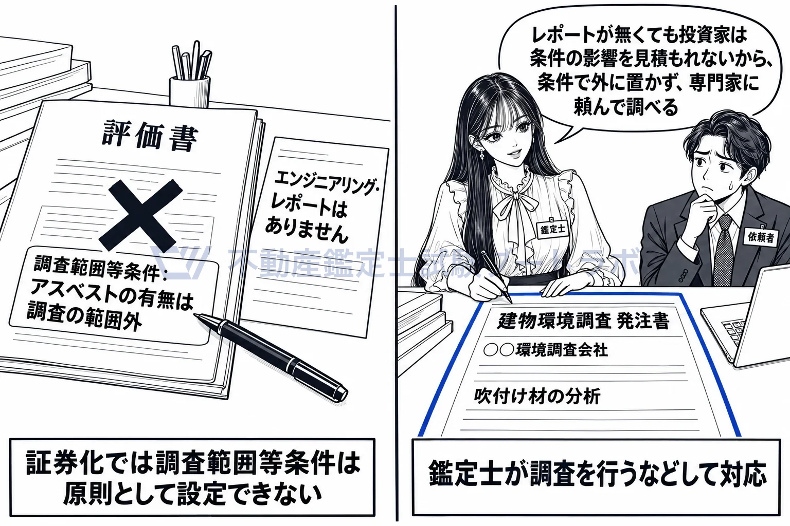 広範な投資家等の図解:エンジニアリング・レポートがなくても、条件で外に置かず、鑑定士が調べる。
