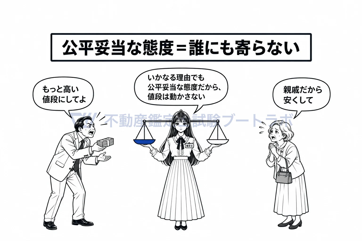 公平妥当な態度の図解：依頼者にも親族にも寄らず、天秤を水平に保つ。