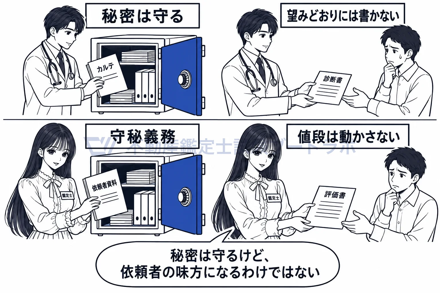 公平妥当な態度の図解：医者がカルテを守っても望みどおりの診断書は書かないのと同じ。