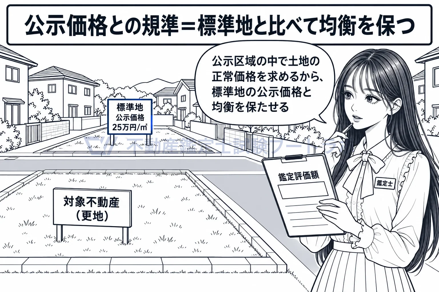 公示価格との規準の図解:公示区域の中で土地の正常価格を求めるときは、標準地の札と均衡を保たせる。