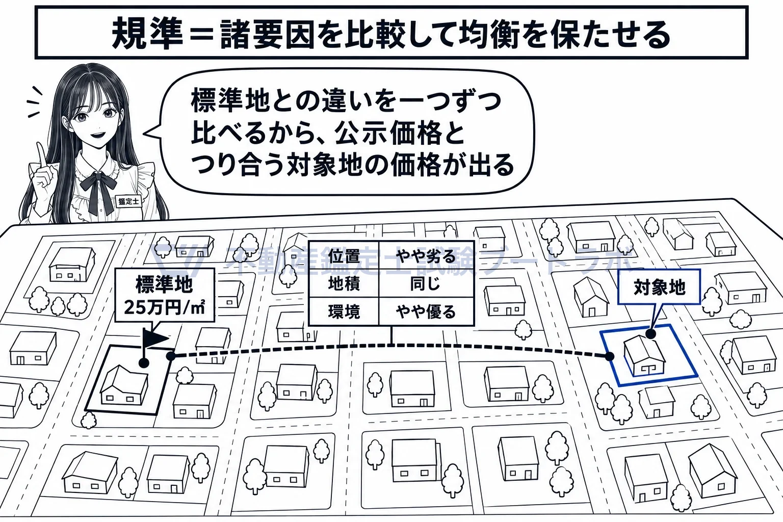 公示価格との規準の図解:標準地との違いを位置・地積・環境で一つずつ比べ、公示価格とつり合う価格を確かめる。