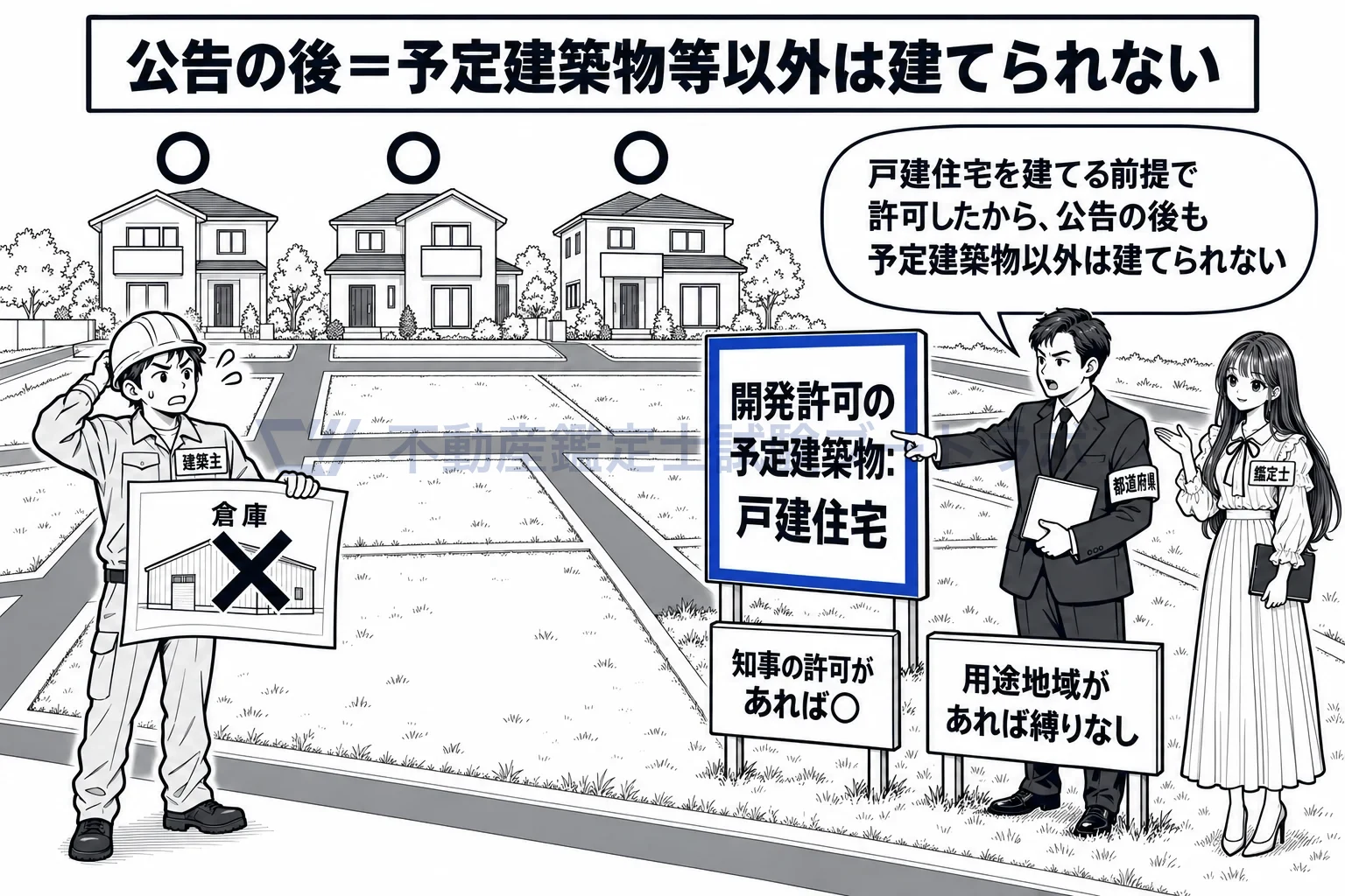 工事完了の公告の図解：公告の後は、許可のときに予定した建物しか建てられない。