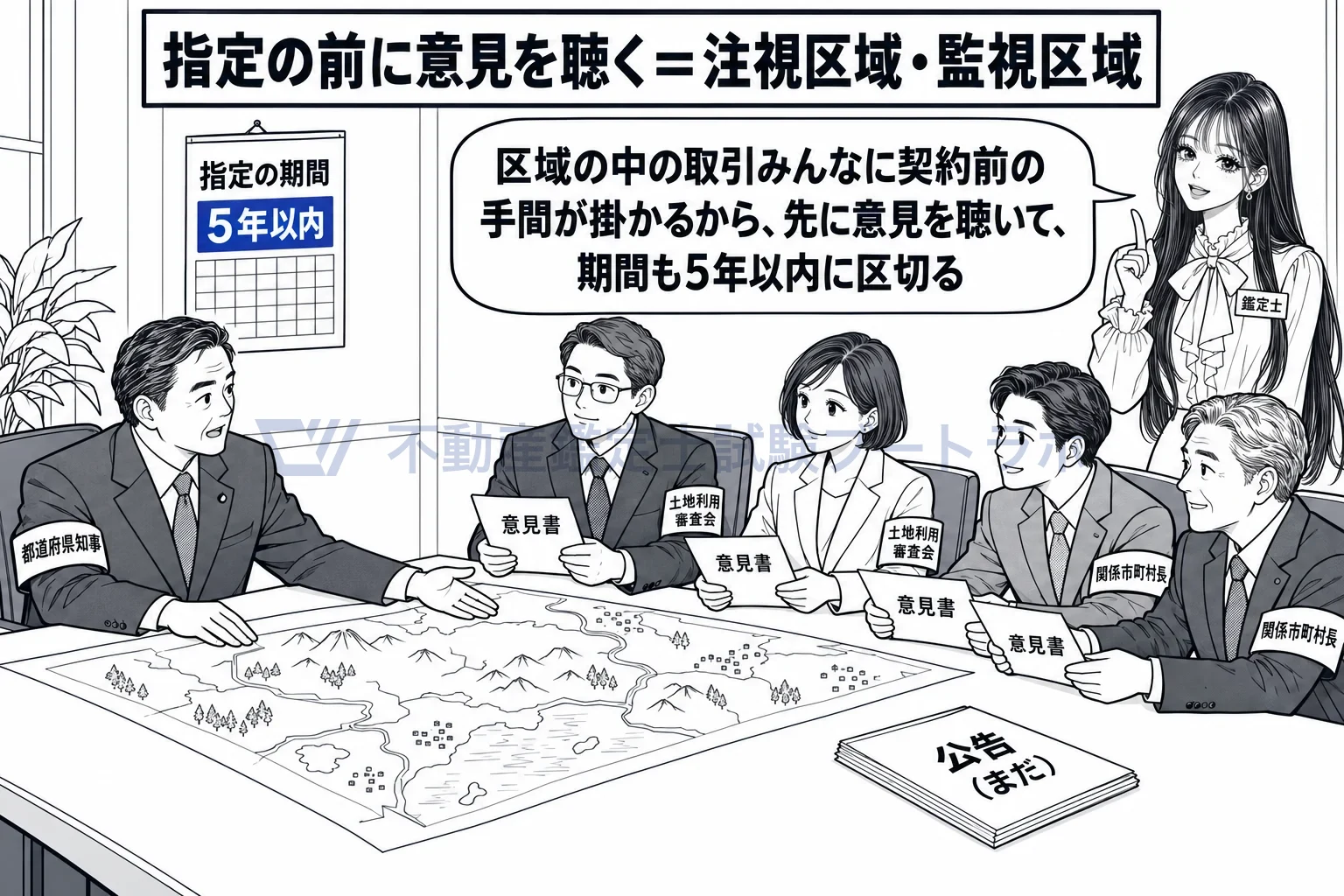 注視区域の図解:指定の前に審査会と市町村長の意見を聴き、期間は5年以内。