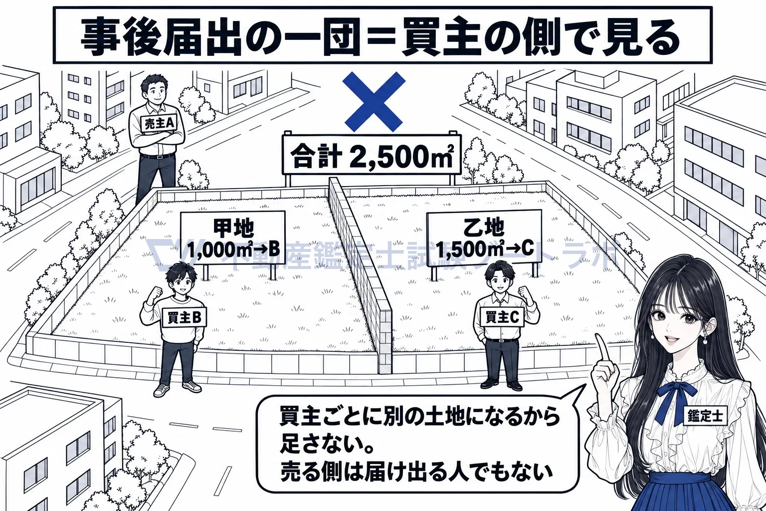 一団の土地の図解:売主側でまとまっていても、買主ごとに別の土地。