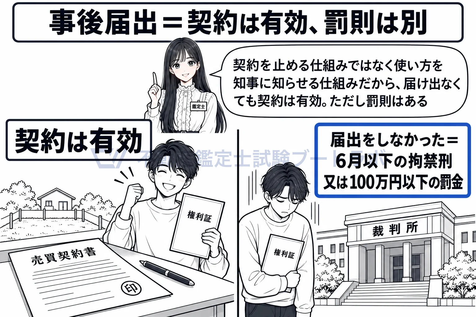 事後届出の図解:届け出なくても契約は有効。罰則は別に受ける。