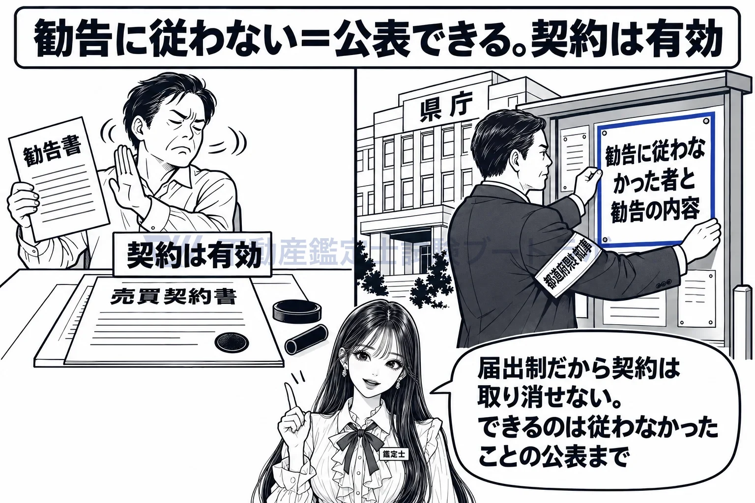 勧告の図解：従わなくても契約は有効。知事にできるのは公表まで。
