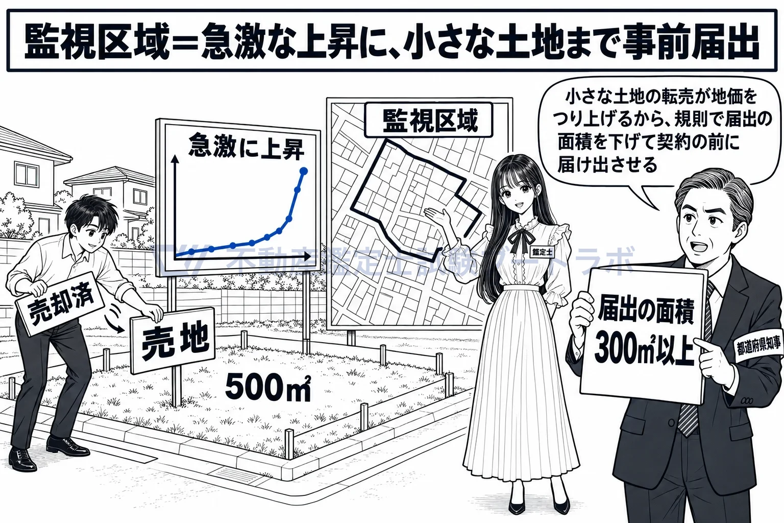 監視区域の図解:急に上がる地価に、小さな土地まで契約前の届出。