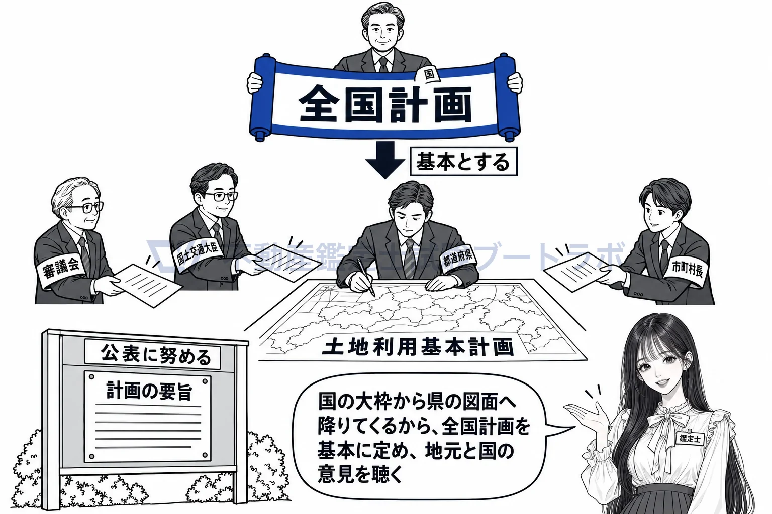 土地利用基本計画の図解:全国計画を基本に、意見を聴いて定め、要旨の公表に努める。