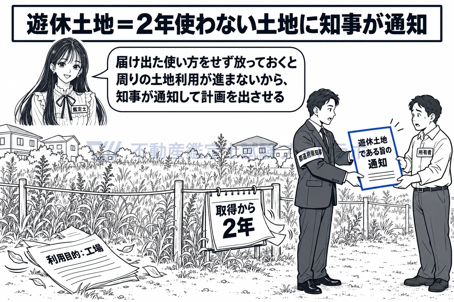 遊休土地の図解:届け出た使い方をせず2年放置すると、知事から通知。