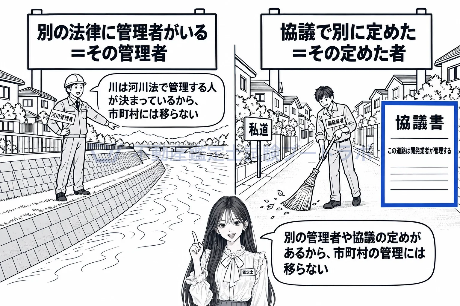 開発行為等により設置された公共施設の管理の図解：河川のように別の法律の管理者がいる施設、協議で業者が管理すると決めた施設は市町村に移らない。