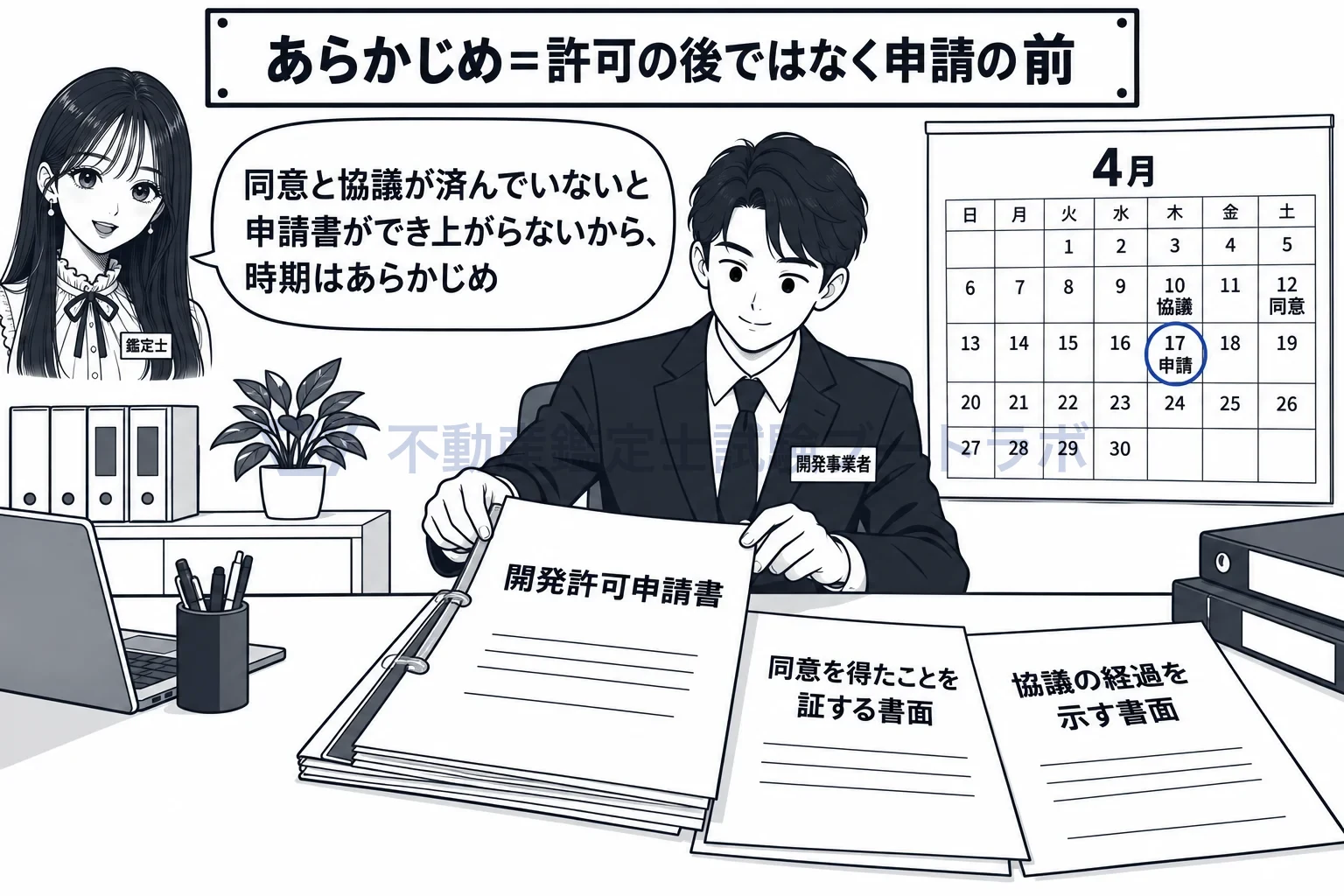 公共施設の管理者の同意の図解：同意と協議が済んでいないと、申請書ができ上がらない。