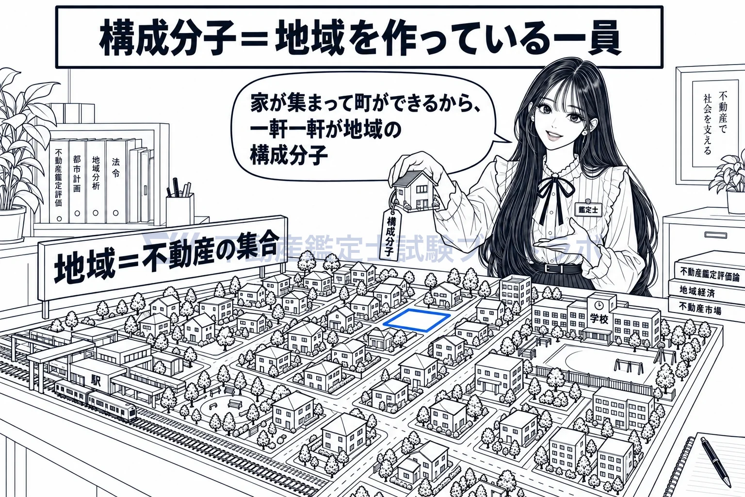 構成分子の図解:一軒の家は、町を組み立てている一つの部品。