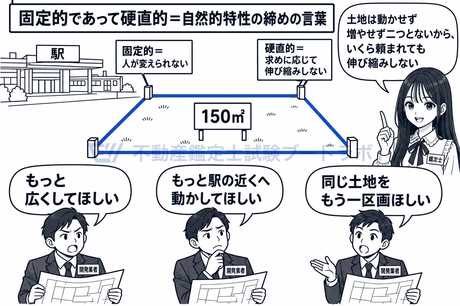 固定的であって硬直的の図解:広くしてほしい、動かしてほしい、もう一区画ほしい。土地はどれにも応えない。